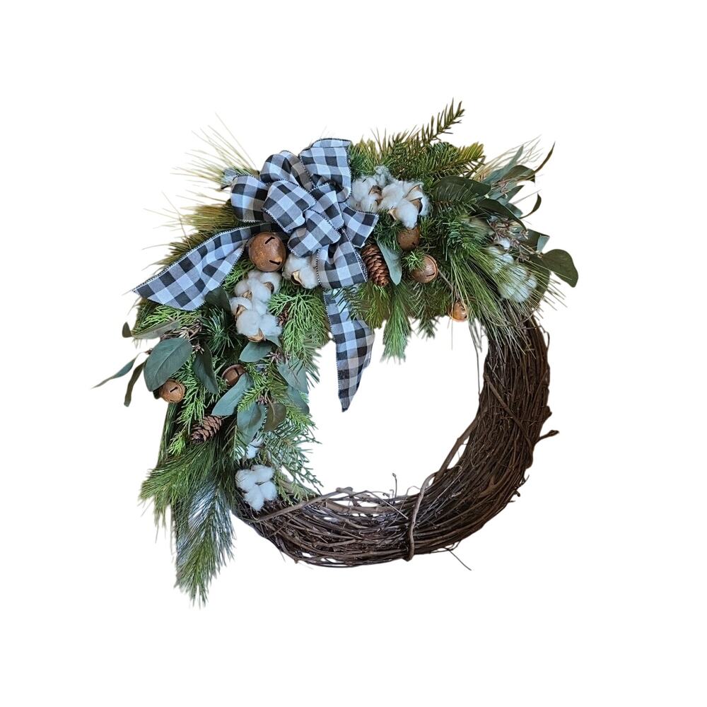 Handmade Buffalo Plaid Christmas Wreath Rusty Bells Cotton Fir Pine 23"